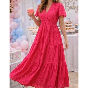 Sundance Juno Pink Punch Eyelet Maxi Dress XS Boho Cotton Flutter Sleeve Resort